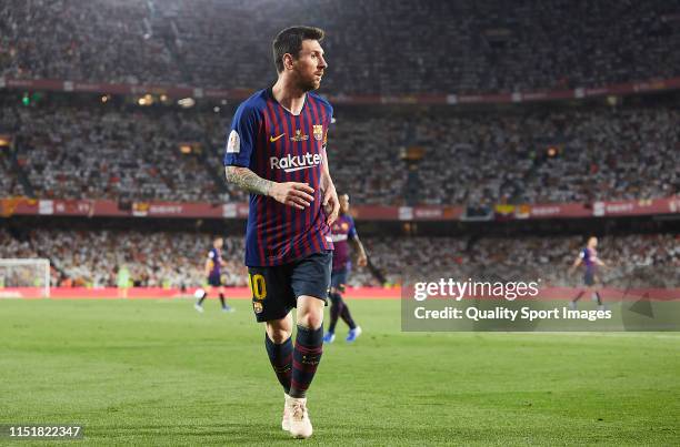 Lionel Messi of Barcelona looks on during the Spanish Copa del Rey Final match between Barcelona and Valencia at Estadio Benito Villamarin on May 25,...