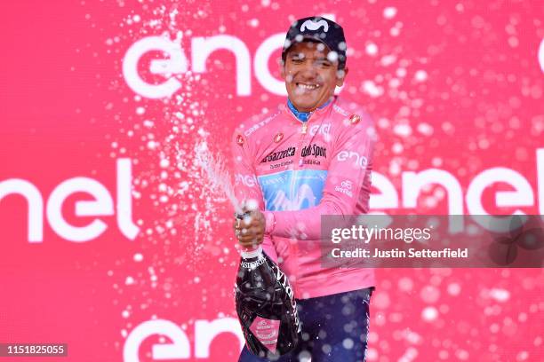 Podium / Andrey Amador Bikkazakova of Costa Rica and Movistar Team Pink Leader Jersey / Celebration / Champagne / during the 102nd Giro d'Italia...