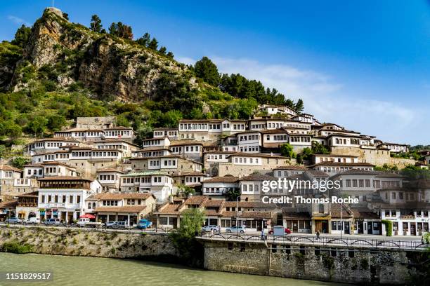 the famous architecture in the town of berat - albanië stockfoto's en -beelden