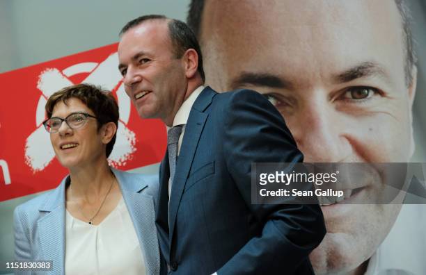 Manfred Weber , lead candidate of the German and Bavarian Christian Democrats in European parliamentary elections, and Annegret Karmp-Karrenbauer,...