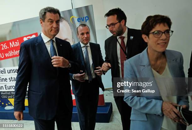 Manfred Weber , lead candidate of the German and Bavarian Christian Democrats in European parliamentary elections, Markus Soeder , head of the...