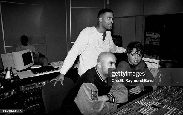 Producer and songwriter Steve 'Silk' Hurley, musician Jerald Daemyon and singer Robin S. Poses for photos at Hinge Studios in Chicago, Illinois in...