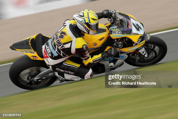 Dan Linfoot in action during the Bennetts British Superbike Championship at Donington Park on May 26, 2019 in Castle Donington, England.