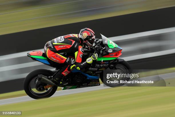 Liam Delves in action during the Pirelli National Superstock 600 Championship at Donington Park on May 26, 2019 in Castle Donington, England.