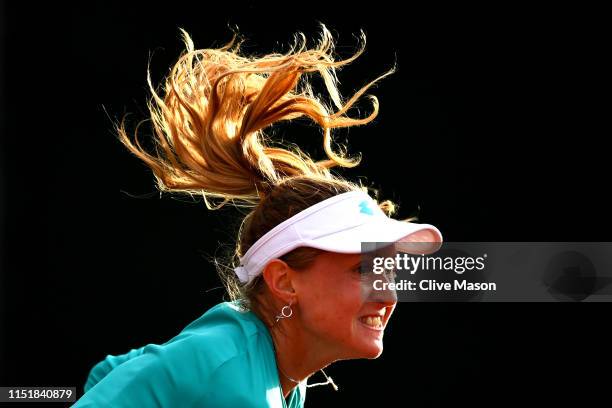 The hair of Aliaksandra Sasnovich of Belarus as she serves in her ladies singles first round match against Polona Hercog of Slovenia during Day one...