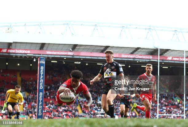 Kevin Naiqama of St Helens goes over for a try during the Betfred Super League: Dacia Magic Weekend match between St Helens and Castleford Tigers at...