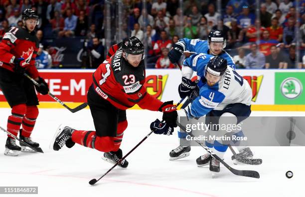 Sam Reinhart of Canada challenges Mikko Lehtonen of Finland during the 2019 IIHF Ice Hockey World Championship Slovakia final game between Canada and...