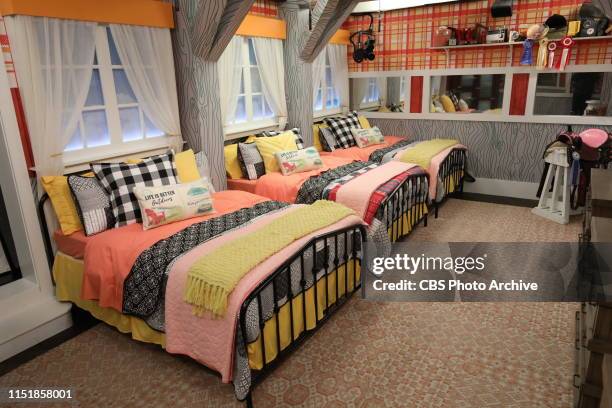 Very playful cabin, this room sports bright summer colors, a white pot-belly stove, exaggerated hand-drawn wood grain, Easter egg-colored plaid and...