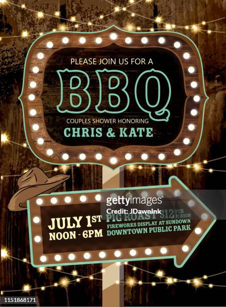 country bbq wedding invitation wooden signs and string lights - country and western music stock illustrations