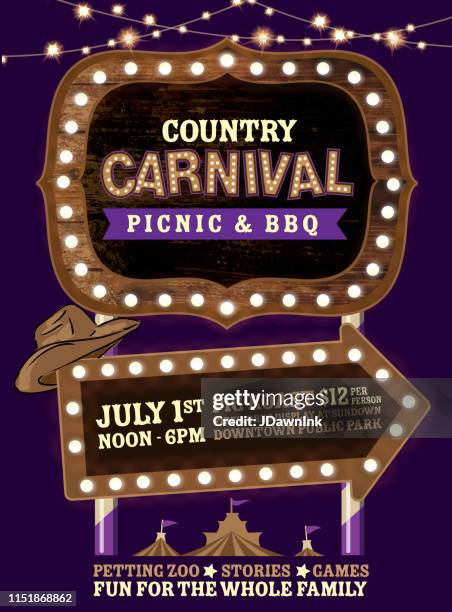 country carnival picnic with wooden signs and lights - country and western music stock illustrations