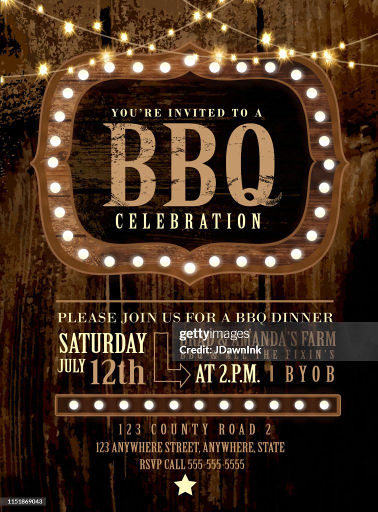 Country BBQ wedding invitation wooden signs and string lights