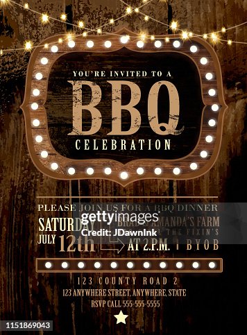 Country BBQ wedding invitation wooden signs and string lights Country BBQ wedding invitation wooden signs and string lights