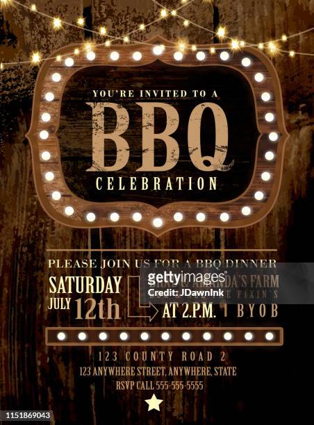 country bbq wedding invitation wooden signs and string lights - country and western music stock illustrations