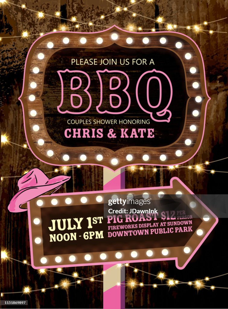 Country BBQ wedding invitation wooden signs and string lights
