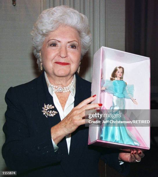 Ruth Handler, a co-founder of Mattel Toys Inc. And creator of the Brabie Doll holds a Bardie that was created for the 40th Anniversary party for the...