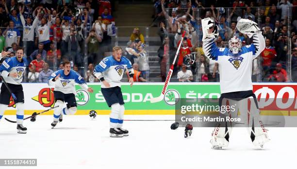 Kevin Lankinen, goaltender of Finland celebrate with his team mates after winning the gold medal game over Canada during the 2019 IIHF Ice Hockey...