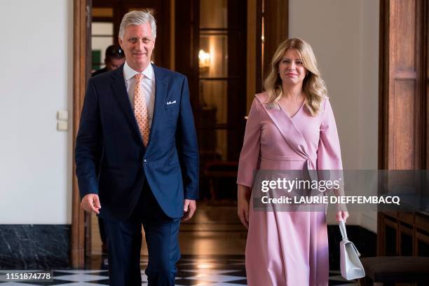 King Philippe of Belgium - Filip of Belgium- walks with Slovakia's President Zuzana Caputova during a meeting at the Royal Palace in Brussels, on...