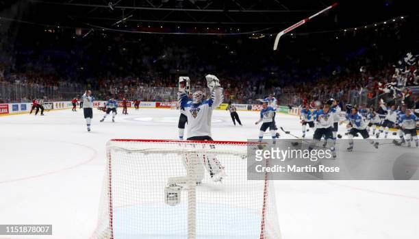 Kevin Lankinen, goaltender of Finland celebrates after winning the gold medal game over Canada during the 2019 IIHF Ice Hockey World Championship...