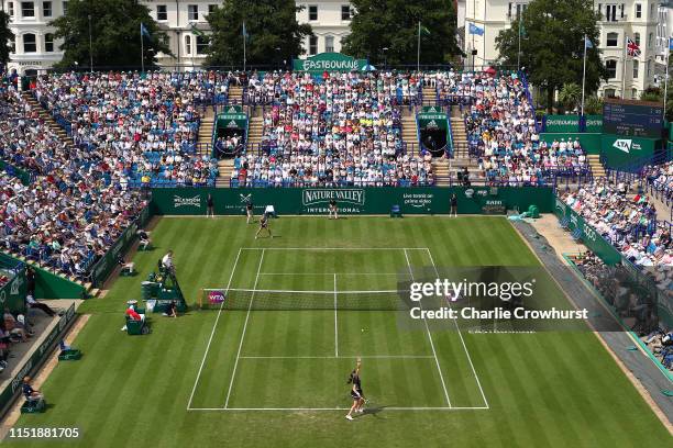 Johanna Konta of Great Britain in action during her womens singles match against Maria Sakkari of Greece during day two of the Nature Valley...