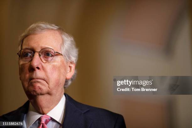 Senate Majority Leader Mitch McConnell delivers remarks during the Weekly Senate Policy Luncheon Press Conference on June 25, 2019 on Capitol Hill in...