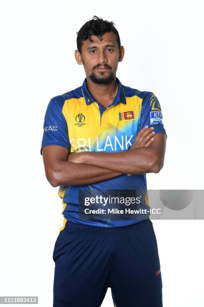 Suranga Lakmal of Sri Lanka poses for a portrait prior to the ICC Cricket World Cup 2019 at the Grand Harbour Hotel on May 26, 2019 in Southampton,...