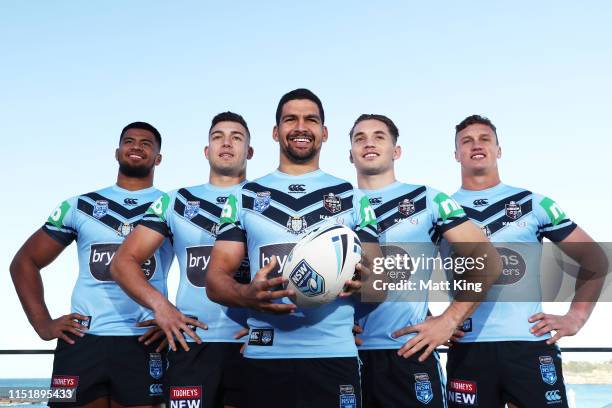 Payne Haas, Nick Cotric, Cody Walker, Cameron Murray and Jack Wighton pose during a New South Wales Blues State of Origin media opportunity at North...