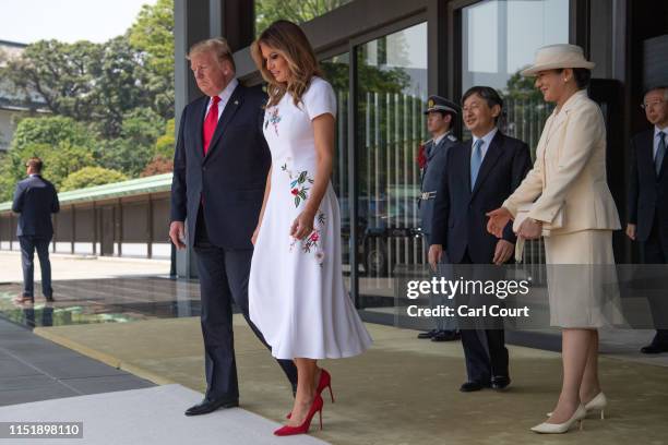 President Donald Trump and First Lady Melania Trump are bid farewell by Emperor Naruhito and Empress Masako as they leave the Imperial Palace on May...