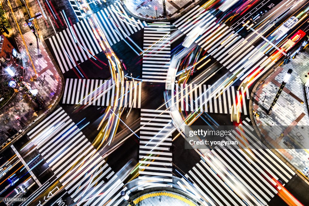 Aerial view of a busy crossroad at night
