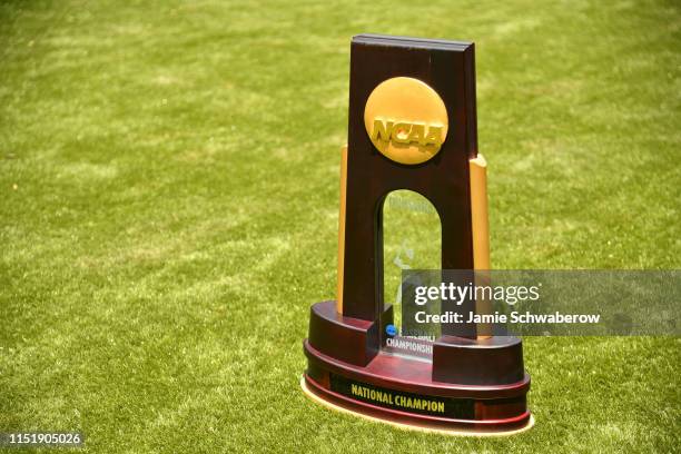 The national championship trophy is seen during the Division I Men's Baseball Championship held at TD Ameritrade Park Omaha on June 25, 2019 in...