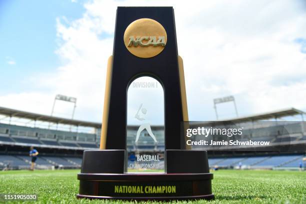 The national championship trophy is seen during the Division I Men's Baseball Championship held at TD Ameritrade Park Omaha on June 25, 2019 in...