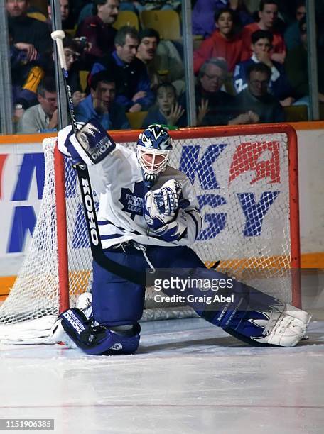 Felix Potvin of the Toronto Maple Leafs skates against the Los Angeles Kings during NHL game action on March 13, 1995 at Maple Leaf Gardens in...