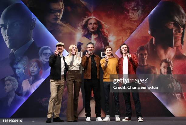 Actors Michael Fassbender and Sophie Turner, director Simon Kinberg and actors Tye Sheridan and Evan Peters attend the press conference for the South...