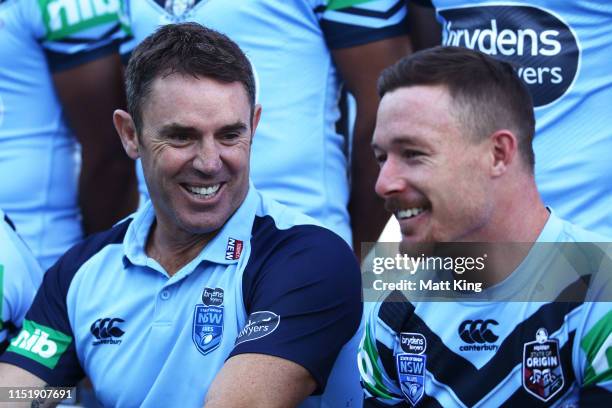 Blues coach Brad Fittler and Damien Cook share a laugh during a New South Wales Blues State of Origin media opportunity at North Bondi Surf Club on...