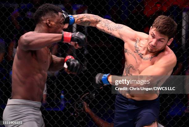 Tony Johnson punches Alton Cunningham in their light heavyweight bout during Dana White's Contender Series at the UFC Apex on June 25, 2019 in Las...