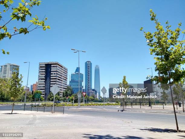 santiago street in chile and the sky costanera building in the background. the tallest building in south america. - santiago chile bildbanksfoton och bilder