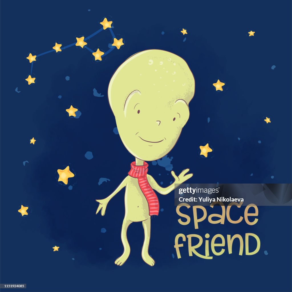 Postcard Poster Cute Alien Space Friend Hand Drawing Cartoon Style ...