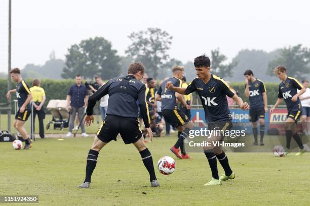 Tom Plezier of NAC Breda, Yassin Azzagari of NAC Breda, during a training session of NAC Breda prior to the start of the Dutch Keuken Kampioen...