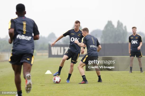 Arno Verschueren of NAC Breda, Alex Gersbach of NAC Breda during a training session of NAC Breda prior to the start of the Dutch Keuken Kampioen...