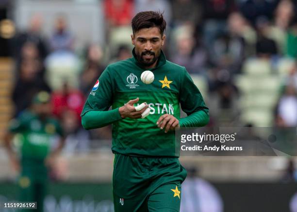 Mohammad Amir of Pakistan during the Group Stage match of the ICC Cricket World Cup 2019 between New Zealand and Pakistan at Edgbaston on June 26,...