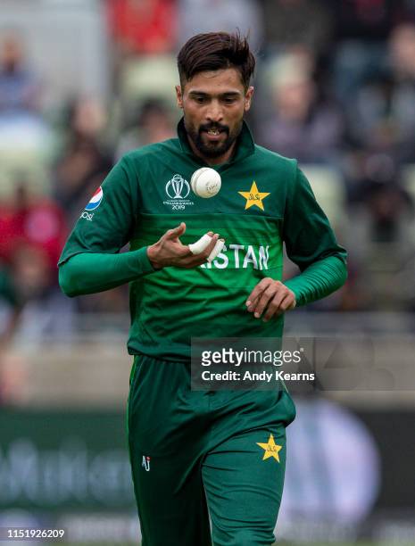 Mohammad Amir of Pakistan in action during the Group Stage match of the ICC Cricket World Cup 2019 between New Zealand and Pakistan at Edgbaston on...