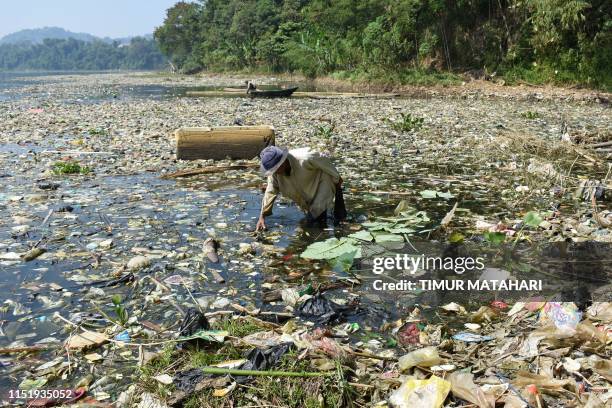 Scavenger collects plastic waste for recycling on the Citarum river choked with garbage and industrial waste, in Bandung, West Java province on June...