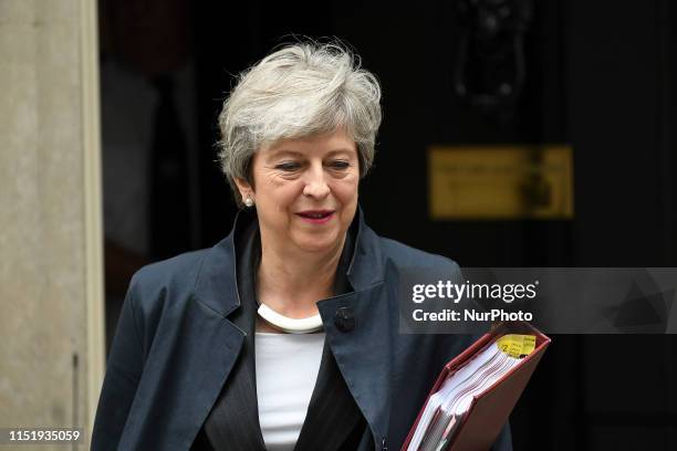 British outgoing Prime minister Theresa May leaves 10 Downing Street to attend weekly Prime Ministers Questions session at the House of Commons,...