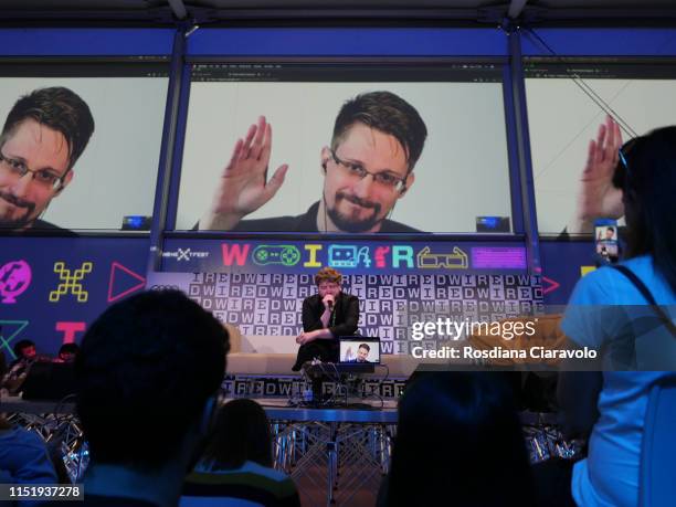 Computer security consultant Edward Snowden in connection from Russia during the Wired Next Fest 2019 at the Giardini Indro Montanelli on May 26,...