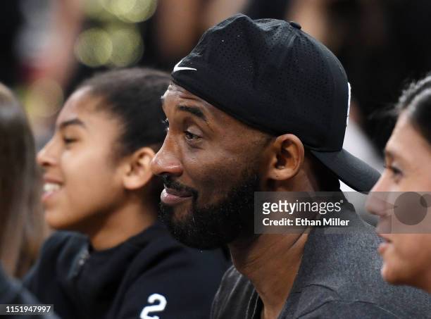 Former NBA player Kobe Bryant and his daughter Gianna Bryant attend a game between the Los Angeles Sparks and the Las Vegas Aces at the Mandalay Bay...