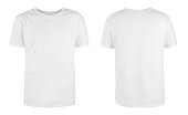 Men's white blank T-shirt template,from two sides, natural shape on invisible mannequin, for your design mockup for print, isolated on white background.