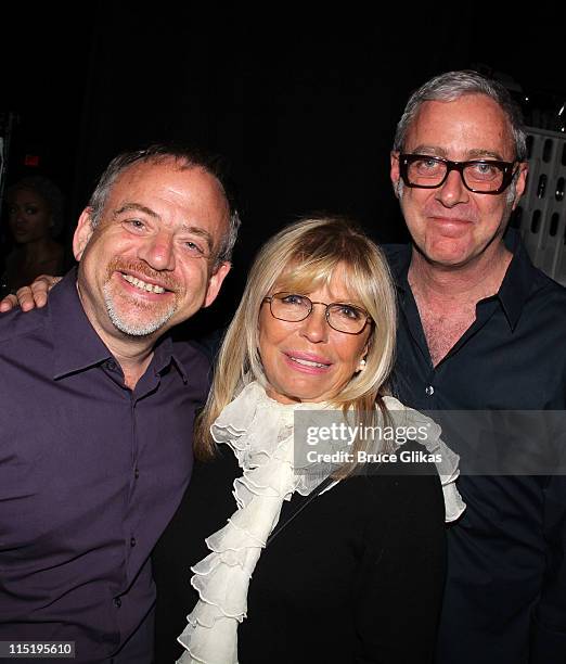 Composer Marc Shaiman, Nancy Sinatra and Lyricist Scott Wittman pose backstage at the hit musical "Catch Me If You Can" on Broadway at The Neil Simon...