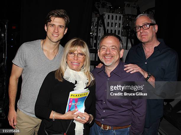 Aaron Tveit, Nancy Sinatra, Composer Marc Shaiman and Lyricist Scott Wittman pose backstage at the hit musical "Catch Me If You Can" on Broadway at...