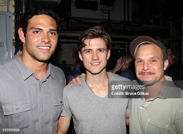 Mark Sanchez, Aaron Tveit and Norbert Leo Butz pose backstage at the hit musical "Catch Me If You Can" on Broadway at The Neil Simon Theater on June...