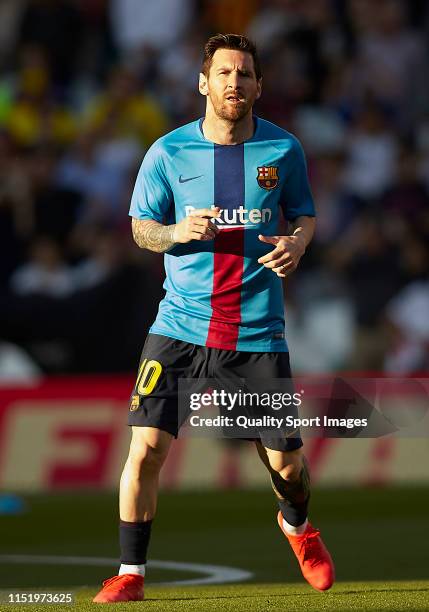 Lionel Messi of Barcelona looks on prior to the Spanish Copa del Rey Final match between Barcelona and Valencia at Estadio Benito Villamarin on May...