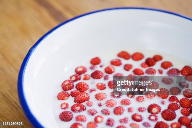 wild strawberries in milk - milk full frame stock pictures, royalty-free photos & images